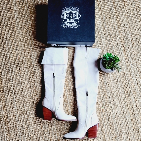 Silent D OVER KNEE WHITE LEATHER BLOCK HEEL BOOTS - Picture 3 of 10